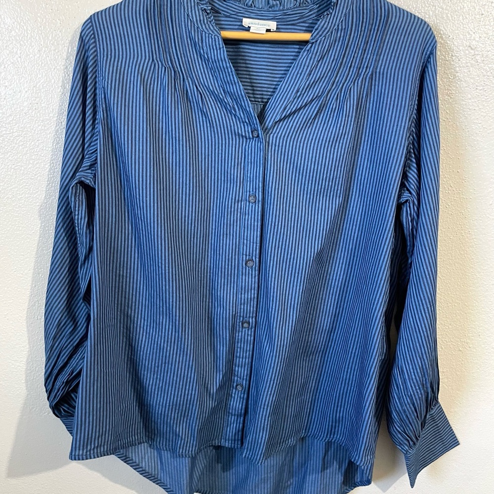 Striped Navy Peasant Blouse XS Button Academia Prairie Cotton Preppy Sundance